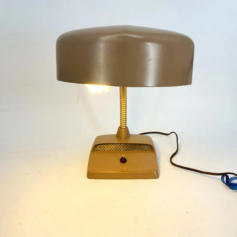 Vintage MCM Industrial Hooded Desk Lamp Nude/Mauve Brass Machine Age Metal